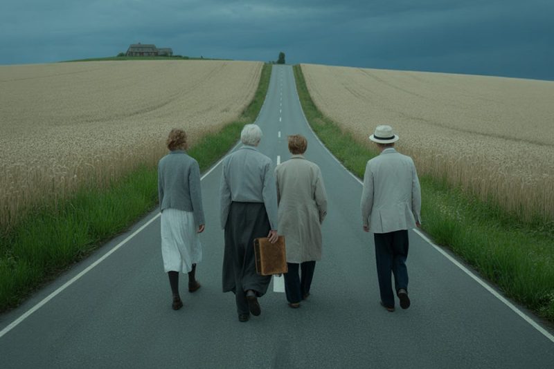 group of four people walking along a vacant road on a gloomy, stormy day