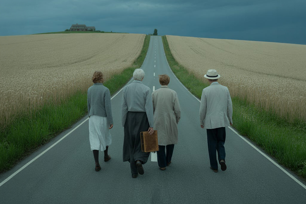 group of four people walking along a vacant road on a gloomy, stormy day