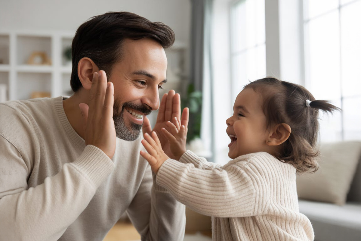 smiling father playing peekaboo with his young daughter