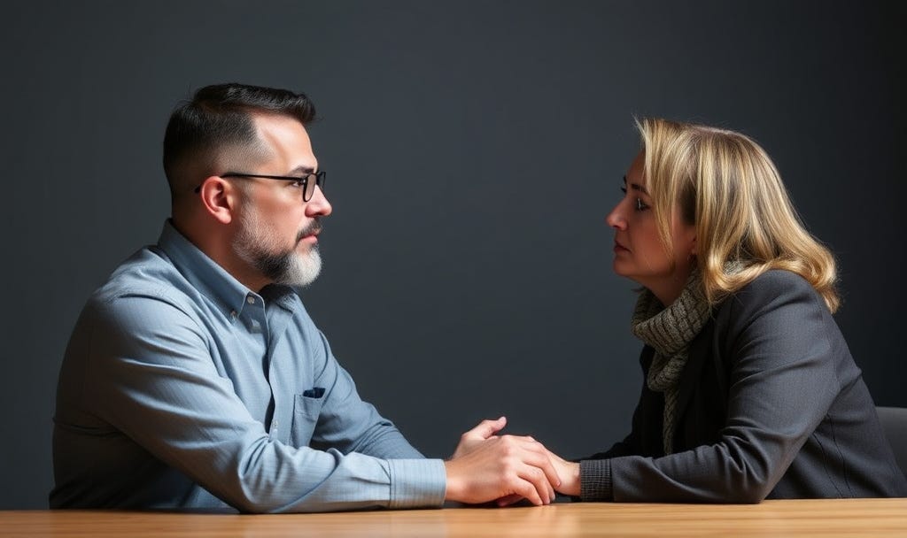 two people having serious conversation at table